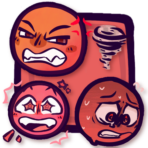 A red square with three different red emoji faces on top, as well as an icon of a tornado. The faces are an orangish-red angry face in the top left, a pinkish-red overjoyed face in the bottom left, and a dark red panicked face in the bottom right. 